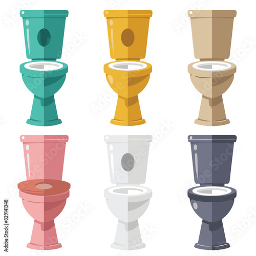 Colorful ceramic toilets set isolated white background. Toilets home improvement sanitary ceramics cartoon style. Different shades bathroom fixtures, clean toilet array graphic design