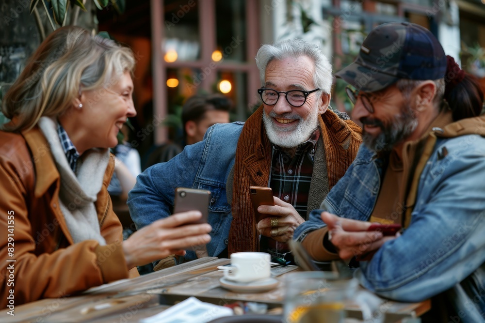 Group of senior friends using mobile phones and drinking coffee in a cafe