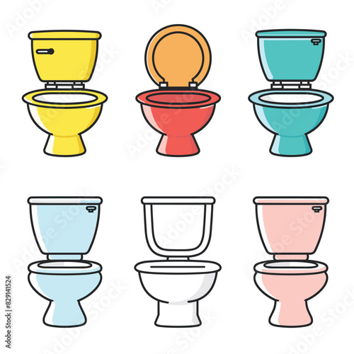 Wallpaper Mural Six colorful toilet bowls arranged two rows. Cartoon style toilets yellow, red, blue, light blue, white, pink. Simple bathroom fixture illustrations isolated white background Torontodigital.ca