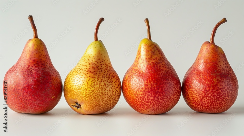 A few perfectly ripe pears with their stems intact, displayed in a row on a pristine white background to emphasize their smooth texture and shape. isolate on white background Minimal and Simple style A few perfectly ripe pears with their stems intact, displayed in a row on a pristine white background to emphasize their smooth texture and shape. isolate on white background Minimal and Simple style