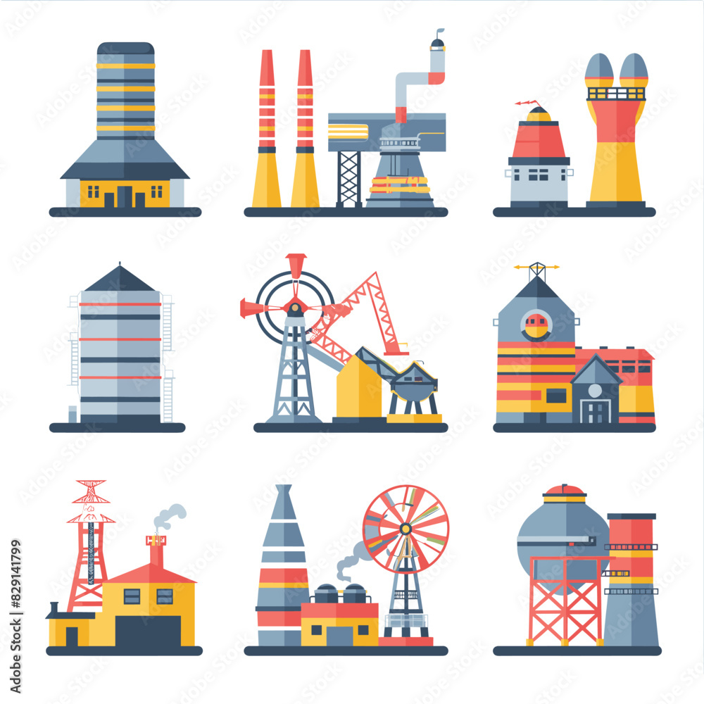 Industrial buildings, factories, plants set. Flat design style, colorful vector illustration. Different types manufacturing power generation structures Industrial buildings, factories, plants set. Flat design style, colorful vector illustration. Different types manufacturing power generation structures
