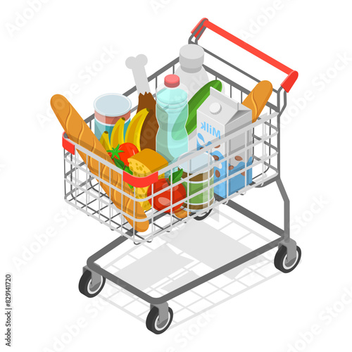 3D Isometric Flat Illustration of Shopping Bags, Different Grocery Sets. Item 4