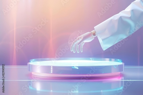 A blank podium showcasing a holographic medical interface with a doctor s hand reaching towards it photo