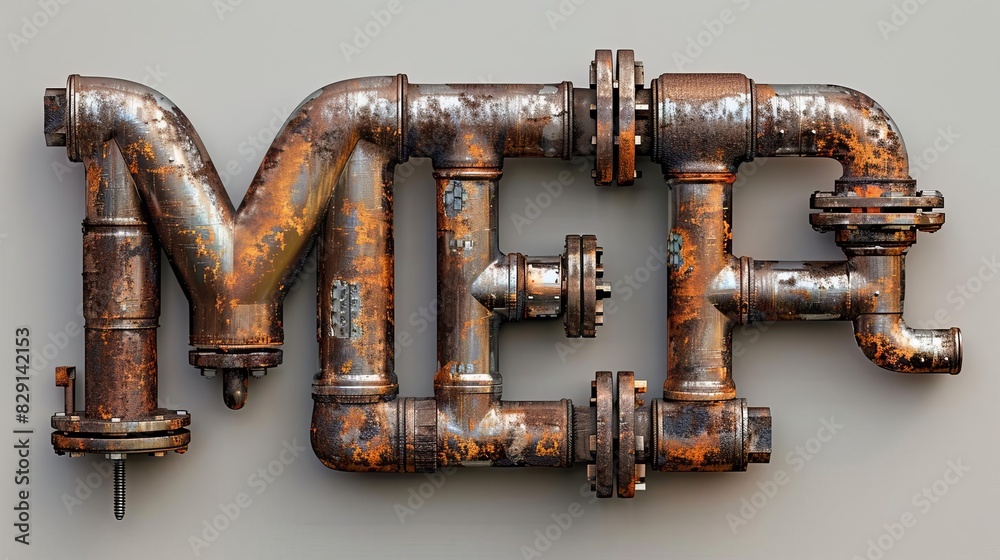 Rusty metal pipes spelling 'MEP' on a grey background, showcasing industrial steampunk style and vintage metal texture. Rusty metal pipes spelling 'MEP' on a grey background, showcasing industrial steampunk style and vintage metal texture.