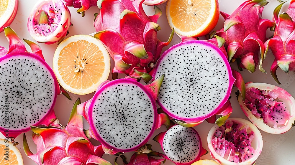 A mix of exotic dragon fruits, with some sliced to reveal the vibrant pink or white flesh with tiny black seeds, set against a clean white background. isolate on white background Minimal and Simple A mix of exotic dragon fruits, with some sliced to reveal the vibrant pink or white flesh with tiny black seeds, set against a clean white background. isolate on white background Minimal and Simple