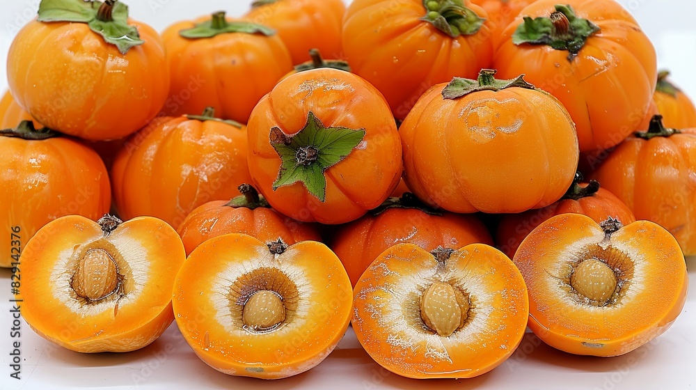 A bunch of fresh persimmons, with their smooth, orange skin, some sliced open to show the juicy, bright orange flesh inside, arranged on a white background. isolate on white background Minimal and A bunch of fresh persimmons, with their smooth, orange skin, some sliced open to show the juicy, bright orange flesh inside, arranged on a white background. isolate on white background Minimal and