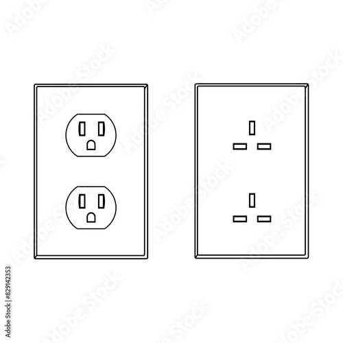 Two versions of electrical power outlets common in North America and the United States in line art vector style