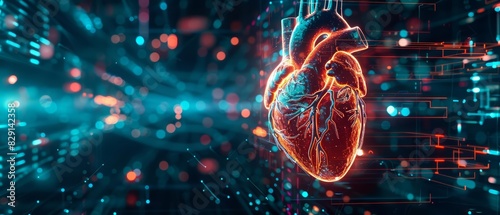 A futuristic human heart made of neonlit holographic elements