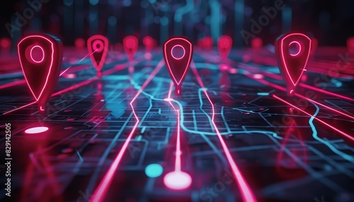Wallpaper Mural A glowing neon map with red and blue digital lines, featuring prominent location pins in a dark, futuristic setting Torontodigital.ca