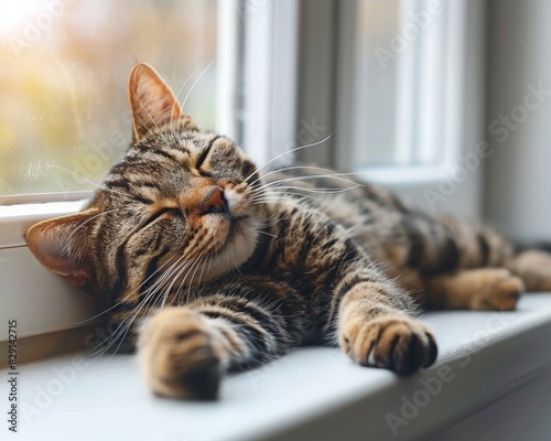 A relaxed tabby cat sleeping on a windowsill  basking in the warm sunlight. The serene scene captures a peaceful moment of feline relaxation.
