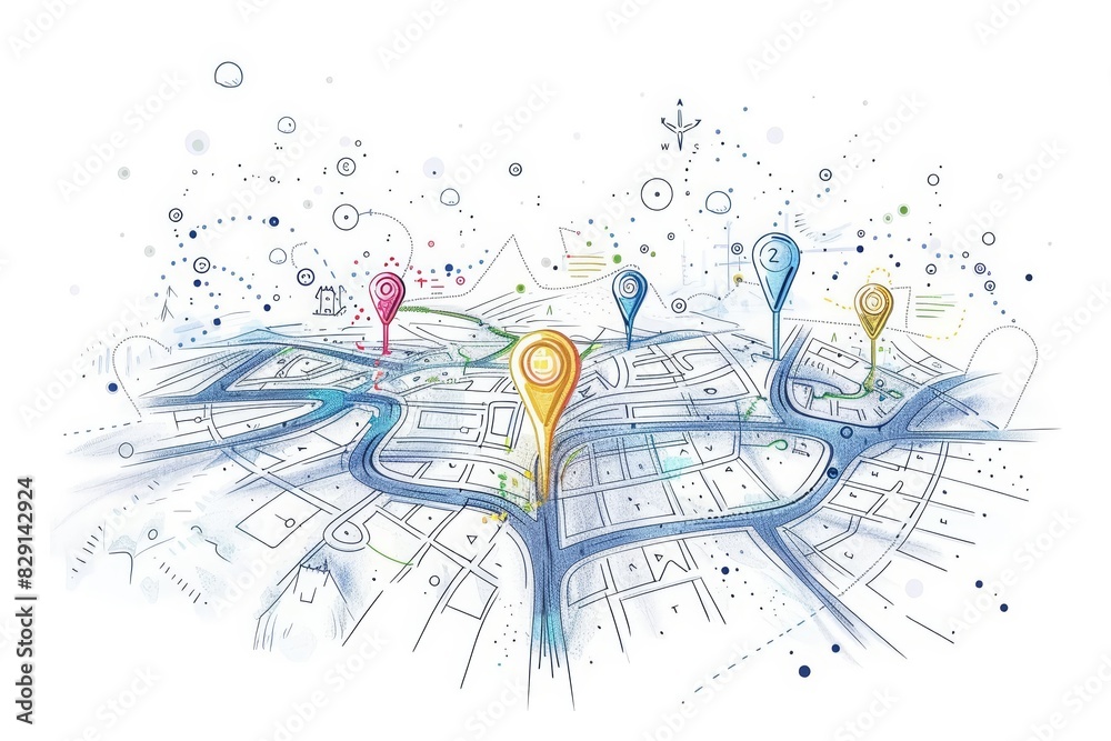 Fototapeta premium A sketch illustration of a detailed map with intricate paths and location pins, set against a white background with minimalist line art