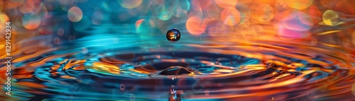 Vibrant macro shot of a droplet splashing into colorful water, creating mesmerizing ripples and abstract bokeh background. Perfect for abstract art.