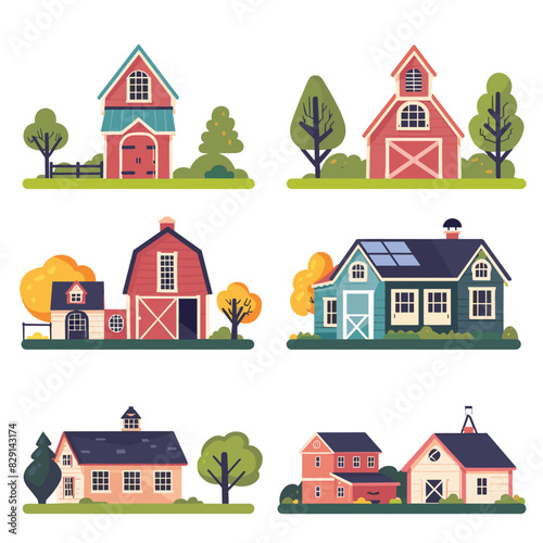 Six cartoon houses surrounded nature elements such trees bushes. Houses vary style, including barns, modern home solar panels, classic cottage. Primary colors include red, blue, green, yellow