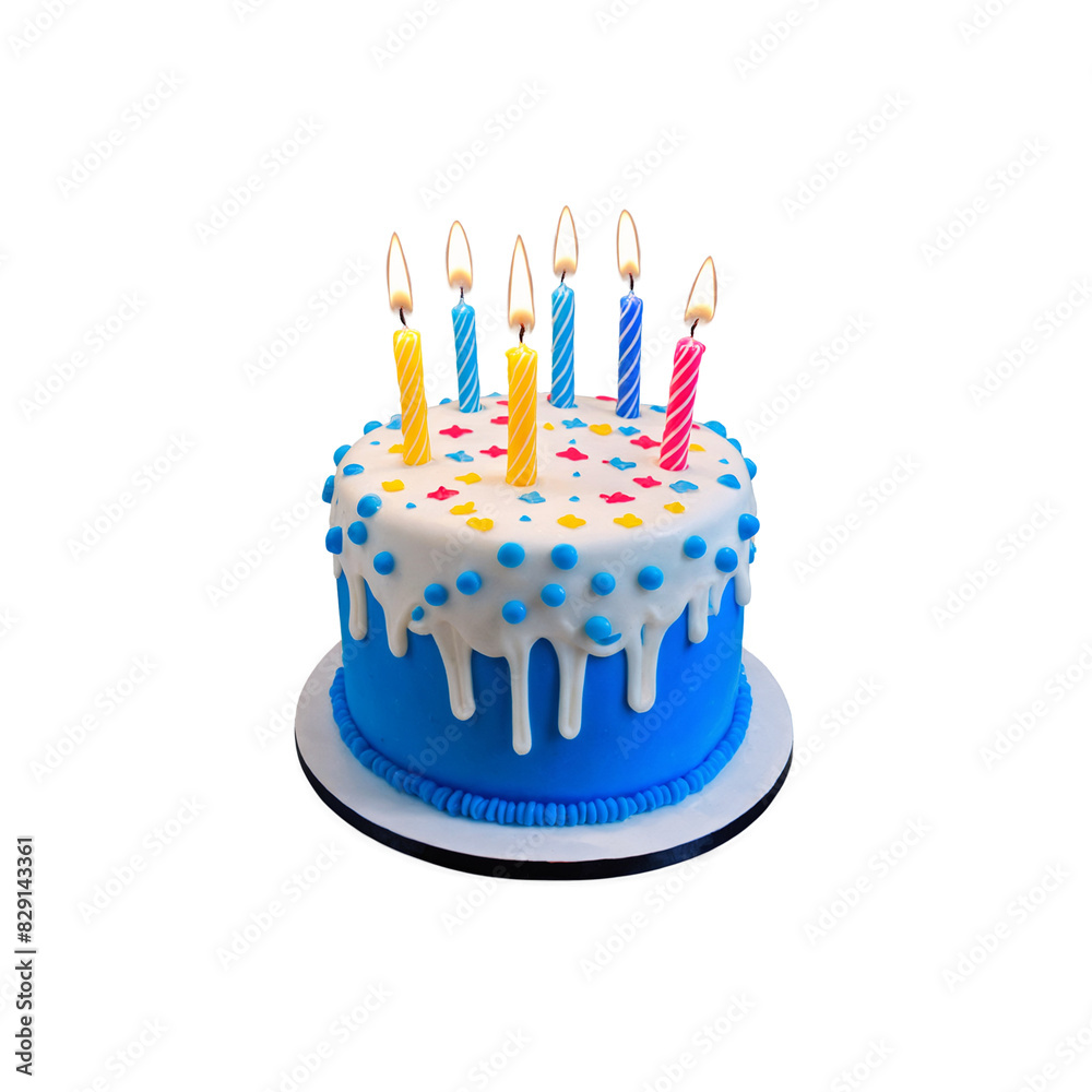 Isolated birthday cake with candles, cake with blue and white icing