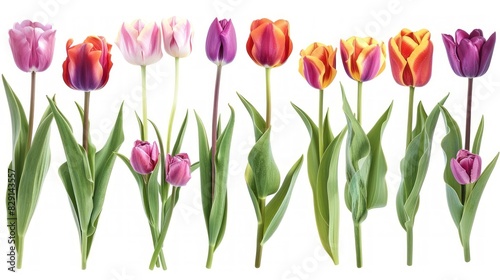 Collection set bunch bouquet pink purple orange mixed stalk of tulip tulips flower floral with leaves arrangement 