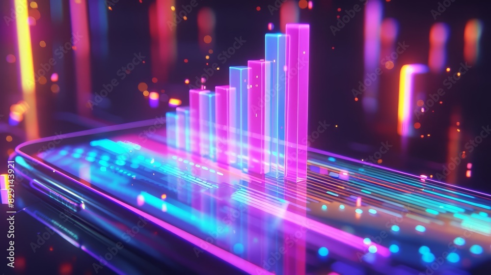 A vibrant, glowing 3D bar chart rising from a smartphone screen, with neon colors and a dark background, showing digital data and futuristic elements A vibrant, glowing 3D bar chart rising from a smartphone screen, with neon colors and a dark background, showing digital data and futuristic elements