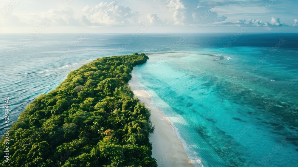 An aerial view of a tropical island with lush greenery, white sandy beaches, and clear blue waters stretching to the horizon, providing ample space for text or promotional messages An aerial view of a tropical island with lush greenery, white sandy beaches, and clear blue waters stretching to the horizon, providing ample space for text or promotional messages