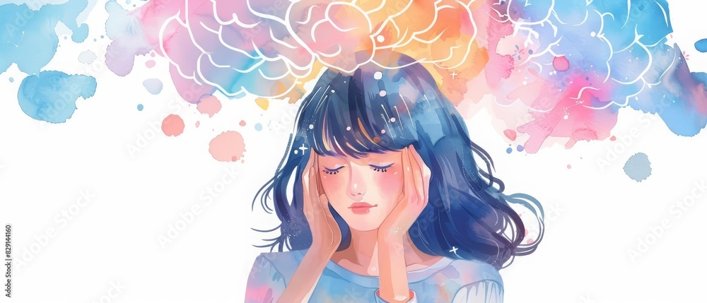A watercolor clipart of a cute woman holding her temples with a pastelcolored brain and gentle neural connections above her head A watercolor clipart of a cute woman holding her temples with a pastelcolored brain and gentle neural connections above her head