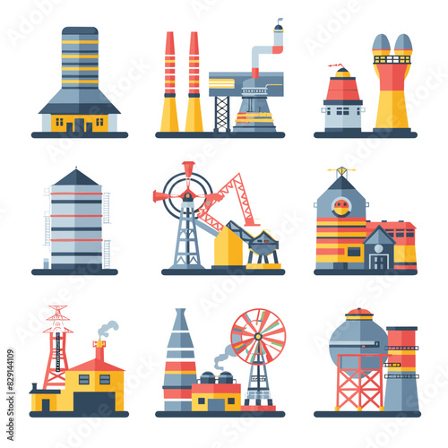 Flat design vector illustration various industrial buildings factories. Colorful icons depict different types production plants energy facilities. Collection manufacturing structures includes power