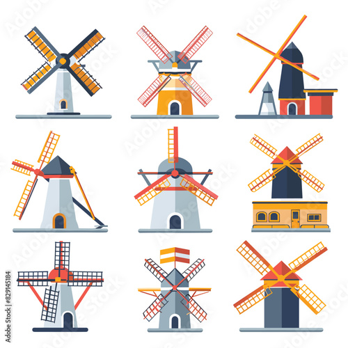 Nine different windmills vector illustrations. Assorted designs colors including red, blue, orange. Flat design style, energy generation