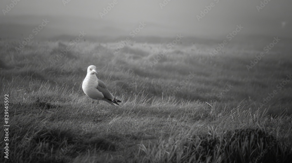 Fototapeta premium A sea gull in white and grey is standing in the far distance