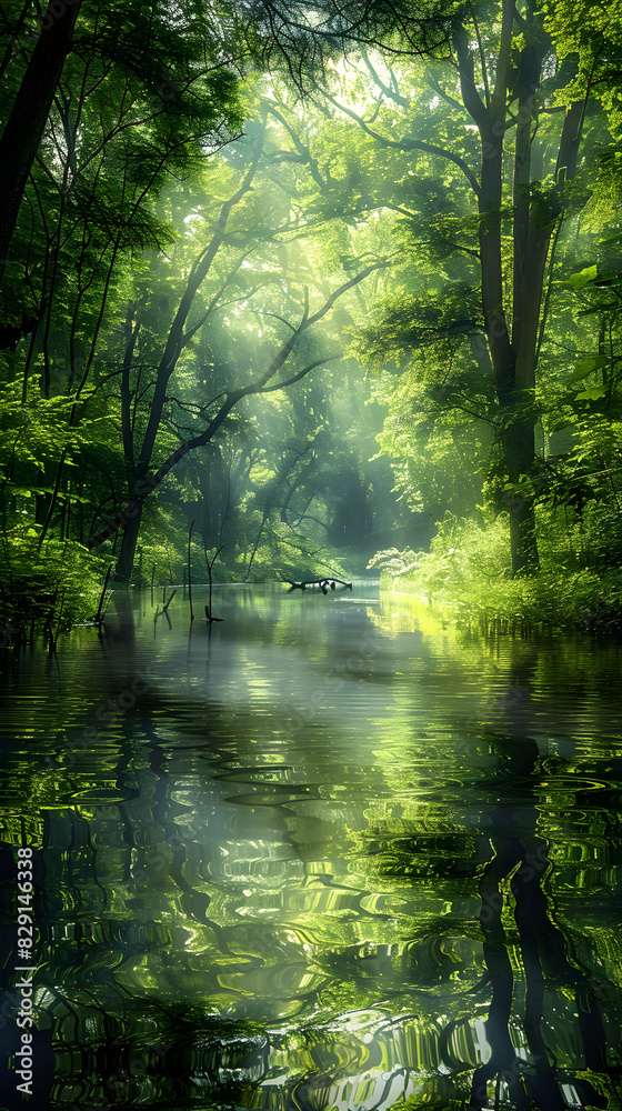 Serene Forest River: Tranquil Waters Reflecting Lush Greenery and Sunlight in a Harmonious Natural Setting