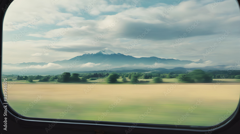 Fototapeta premium A view from a train window with a beautiful view, the feeling of moving in the picture, Generative AI