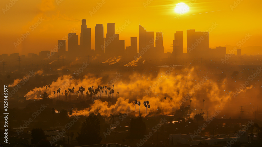 Obraz premium A city skyline enveloped in smog and pollution.