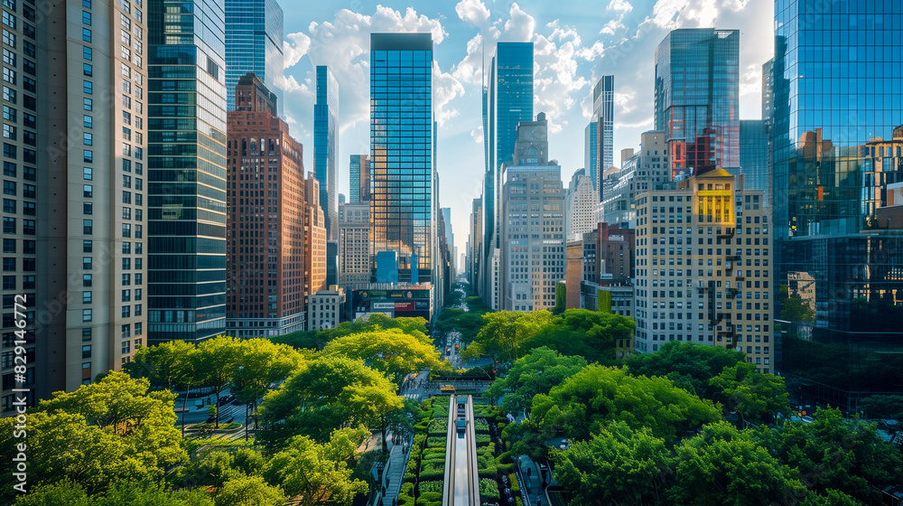 Obraz premium A bustling urban area with green rooftops and gardens.