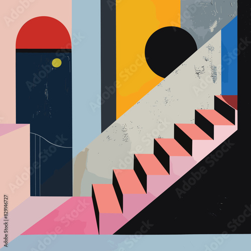 Abstract geometric shapes form staircase, entrance, contrasting colors, composition geometry, modern stairs, vivid hues. Contemporary style, bold abstract stairs, minimalistic design