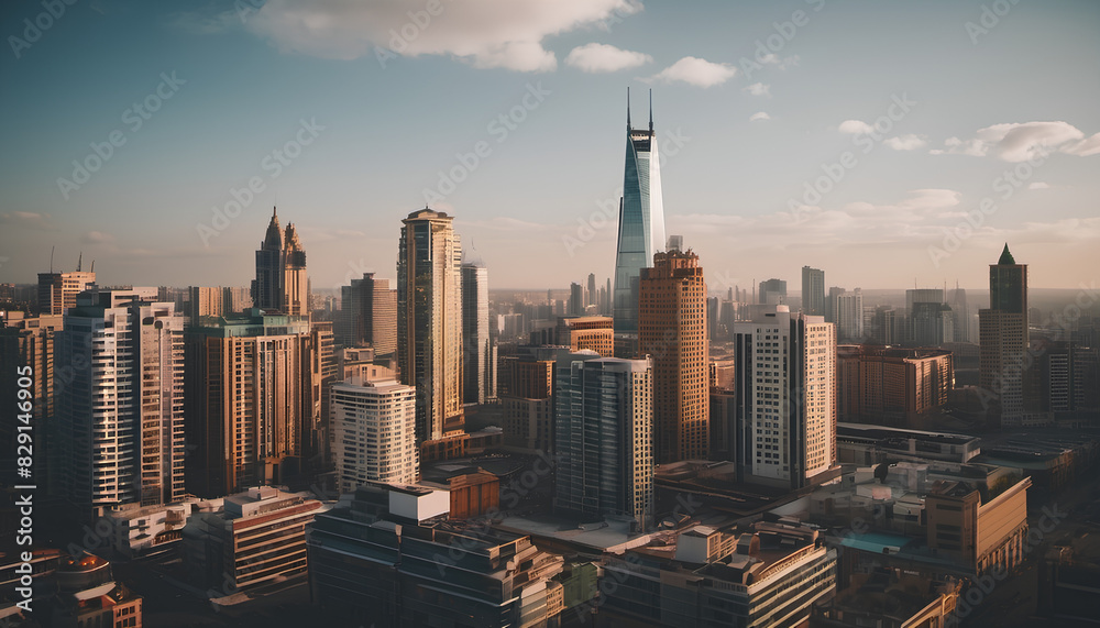 Naklejka premium Morning city center with many high-rise buildings. Downtown