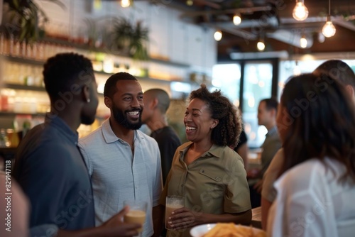 Group of friends having fun together in a pub. Cheerful african american man and european woman laughing and having fun together. Communication concept