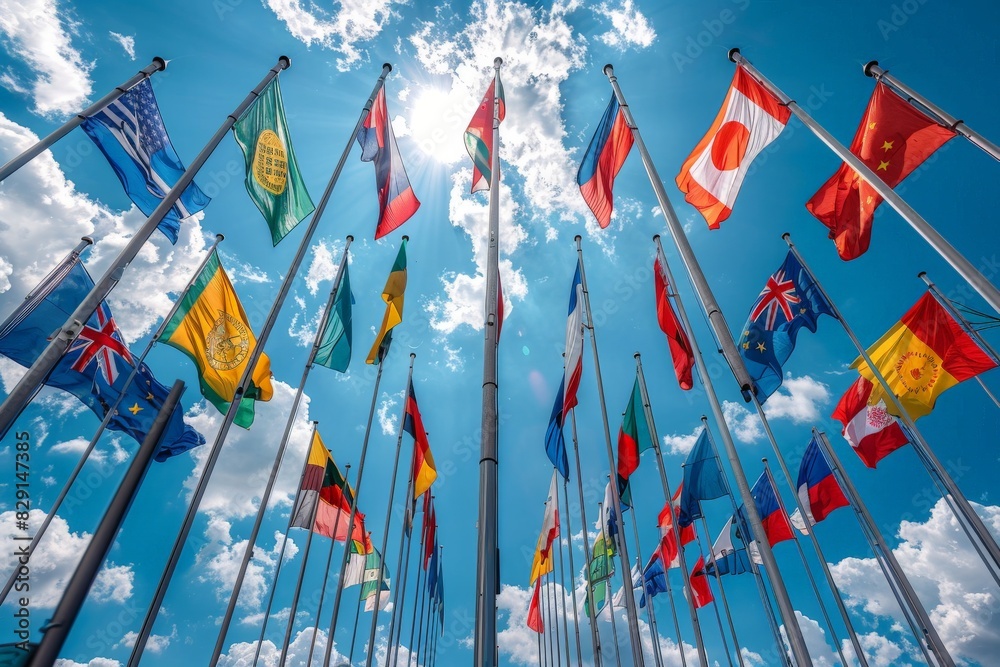 International flags of various countries wave against a bright blue sky with fluffy clouds International flags of various countries wave against a bright blue sky with fluffy clouds