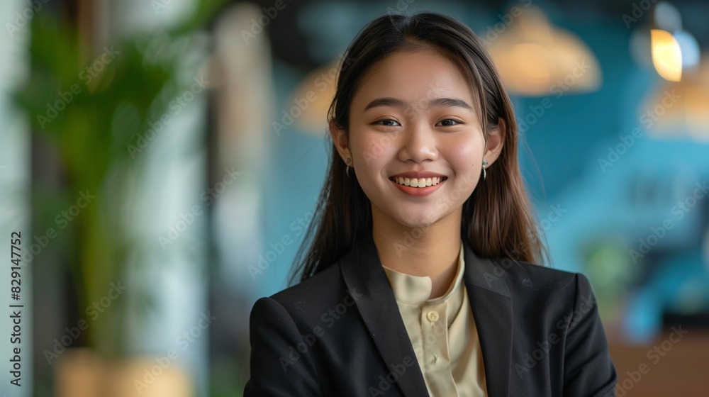 Gen Z, Confident Young Professional Woman, Smiling in Modern Office Setting - Generative AI Gen Z, Confident Young Professional Woman, Smiling in Modern Office Setting - Generative AI