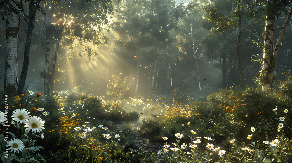 Fototapeta premium A beautiful and old growth forest of healthy green spruce, pine trees and flowers