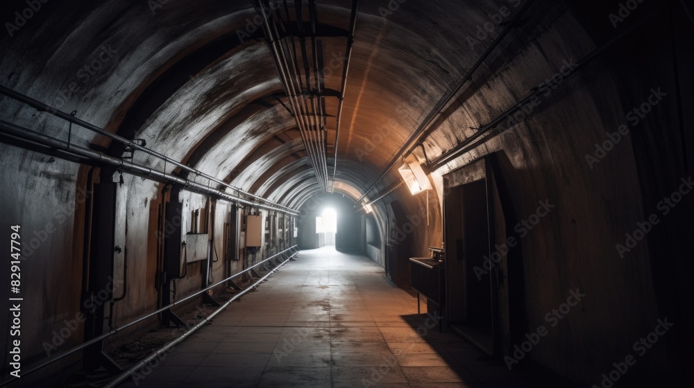 A long dark concrete corridor with pipes. Underground bunker. AI generative. A long dark concrete corridor with pipes. Underground bunker. AI generative.