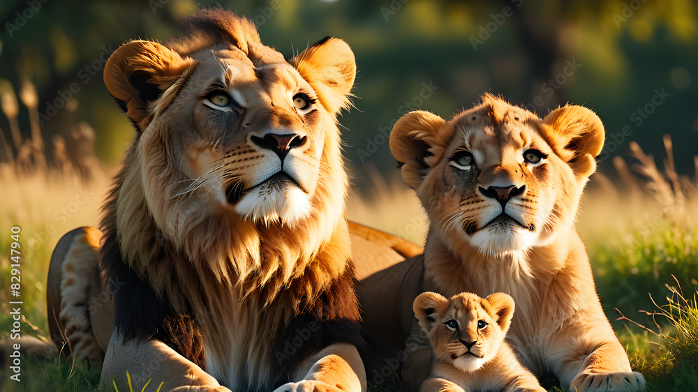 Lion family in the safari savannah, Generative AI Lion family in the safari savannah, Generative AI