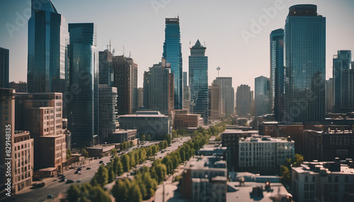 Morning city center with many high-rise buildings. Downtown