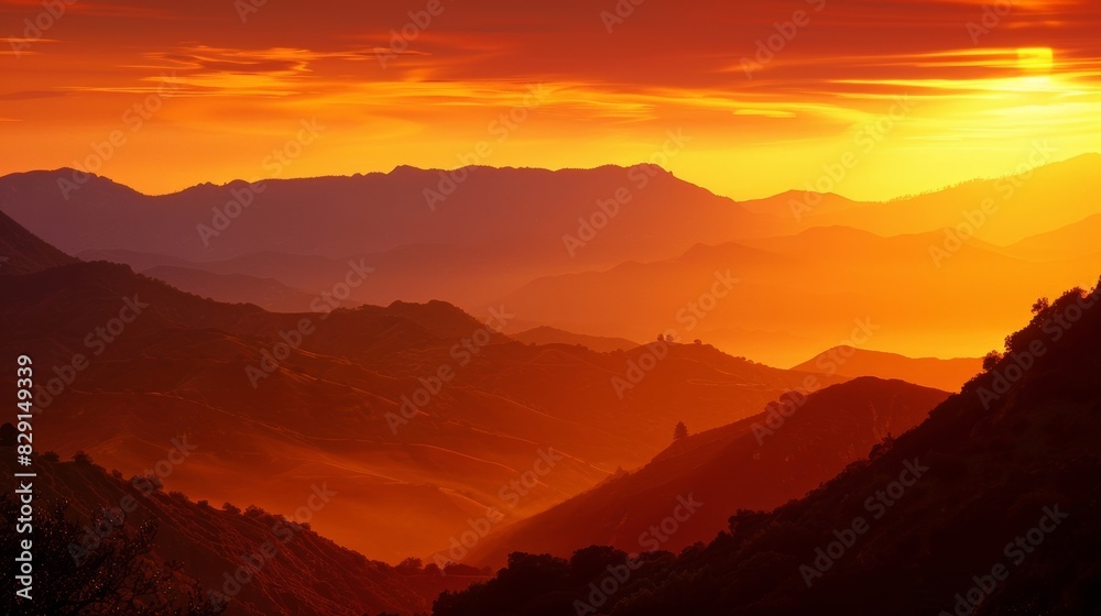 A magical view of a mountain shadow creeping over the rolling hills during a fiery sunset.