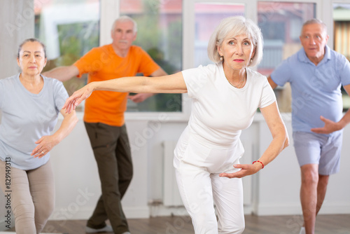 Group of elderly people of different ages are learning various dance and ballet movements in the studio