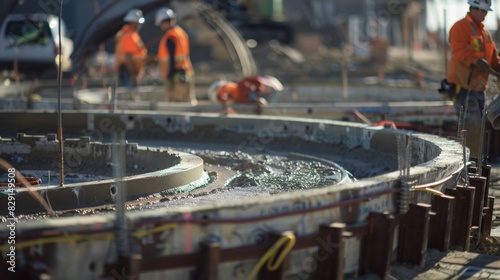 Workers are busy pouring concrete into large molds creating the base for the hubs ticketing area. photo