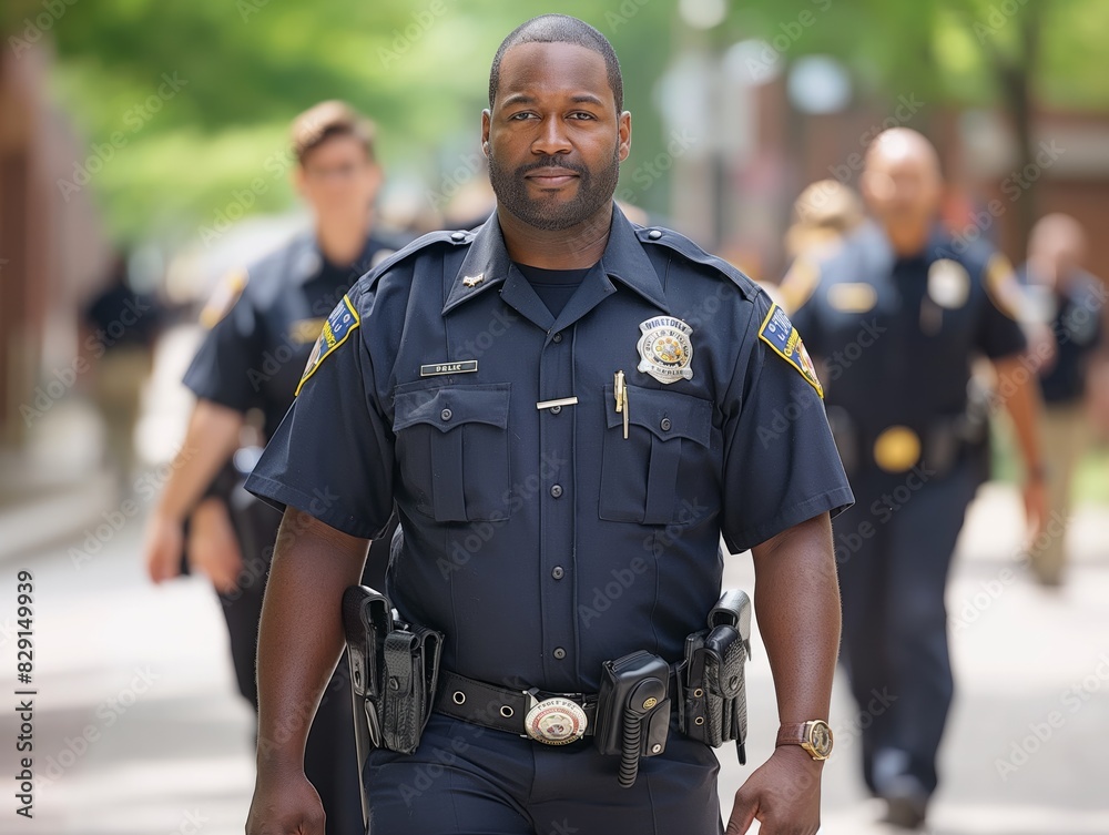 A police officer is walking down a street with other police officers. The officer is wearing a blue shirt and has a badge on his chest