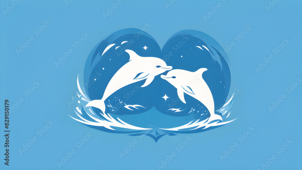 Obraz premium two graceful dolphins leaping out of the water. The dolphins are facing each other and are forming the shape of a heart, Generative AI
