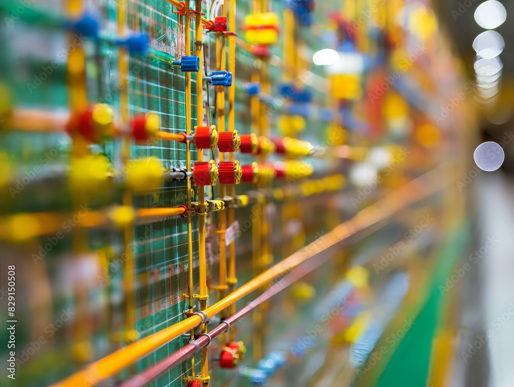 A colorful display of wires and tubes with a yellow and red one in the middle. The tubes are connected to each other and are of different colors A colorful display of wires and tubes with a yellow and red one in the middle. The tubes are connected to each other and are of different colors