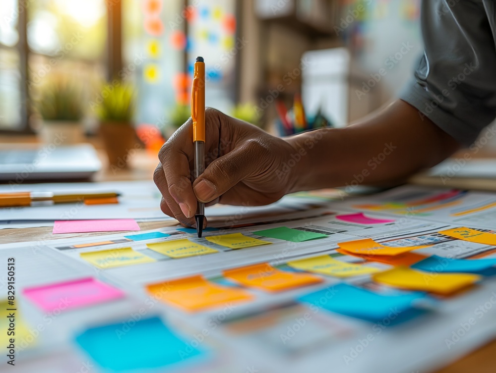 A person is writing with a pen on a piece of paper with colorful sticky notes A person is writing with a pen on a piece of paper with colorful sticky notes