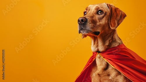 A dog wearing a superhero cape, striking a heroic pose, on a bright orange background photo