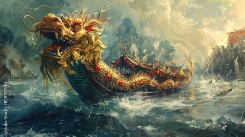 Rowing dragon boats during Duanwu. Generative AI illustration. photo