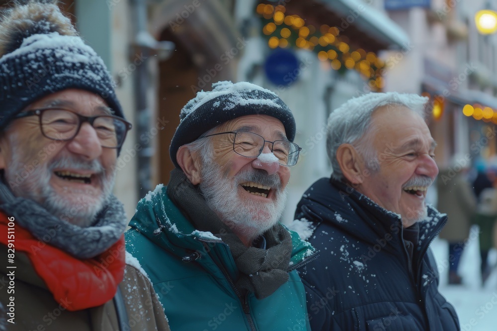 Portrait of three senior men laughing and having fun on Christmas market.