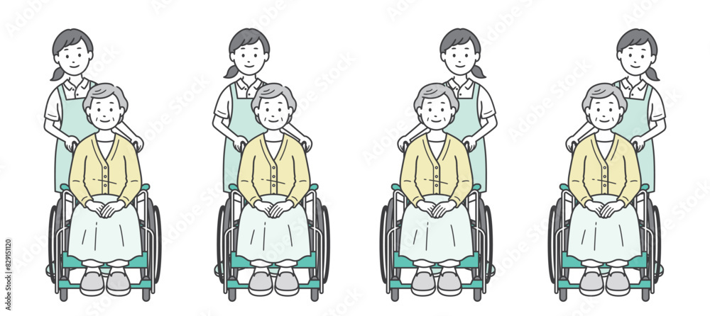 車椅子の女性高齢者を介助する介護士女性のイラストセット	