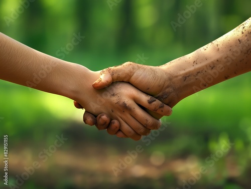 Two hands shaking in a green field. Concept of unity and friendship. The hands are covered in dirt, which adds a sense of authenticity and connection to nature